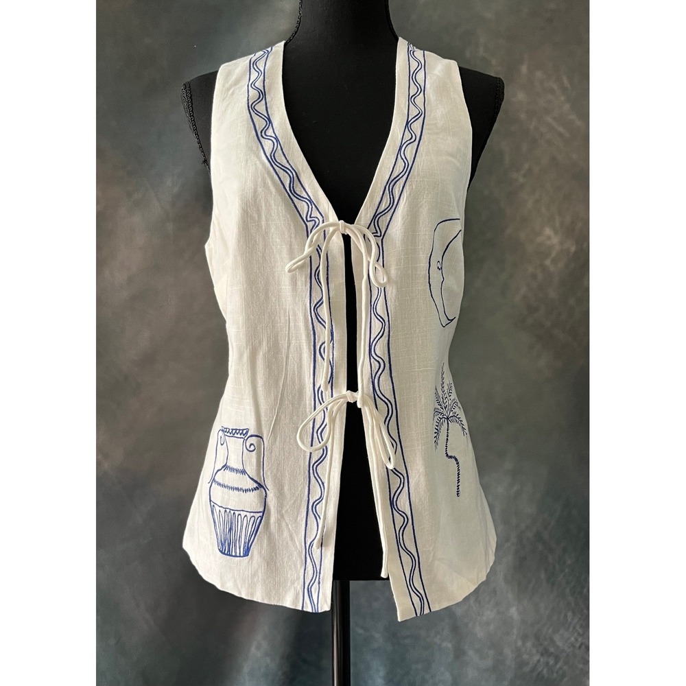 Princess‎ Polly Linen Vest Sleeveless White Blue Tie Front Embroidered Size US 8
